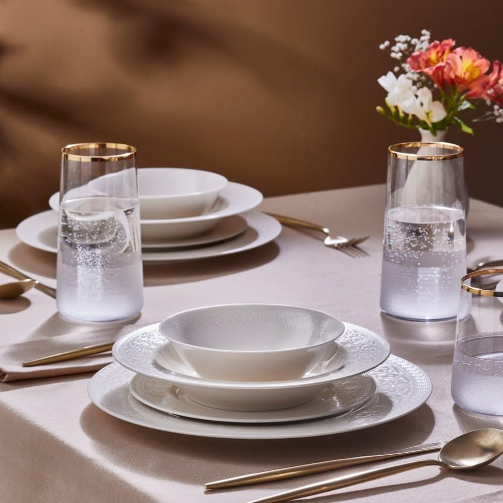 24pc Bone China Dinner Set White Plates Bowls Modern Tableware for 6
