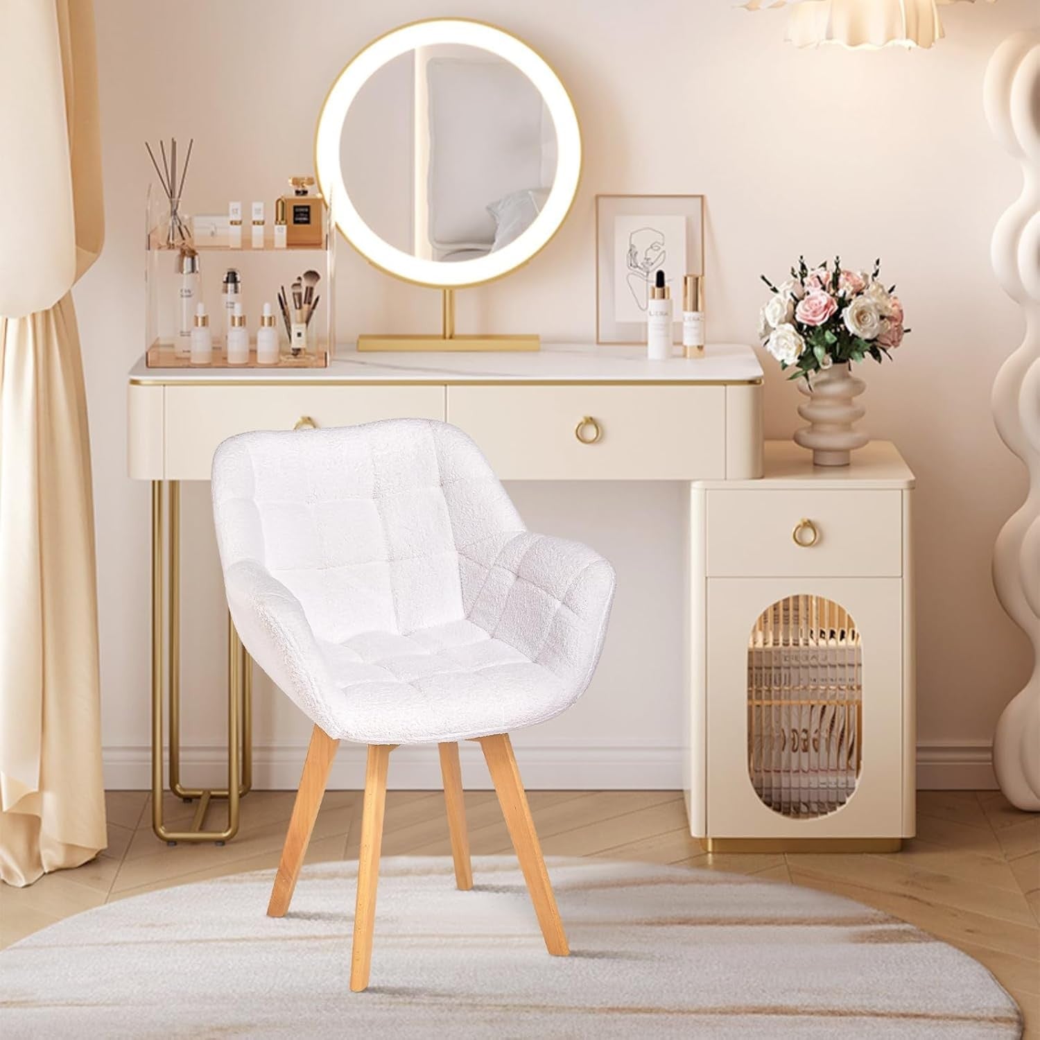 White Boucle Swivel Tub Chair Accent Armchair Wood Legs