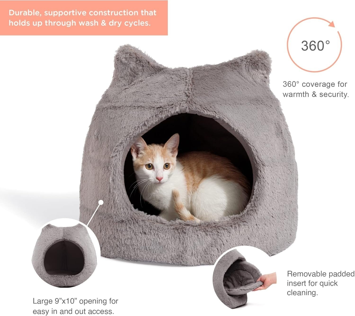 Fur Cover Cat Cave Bed Dome Pet Igloo Washable Cozy Hideaway Gray