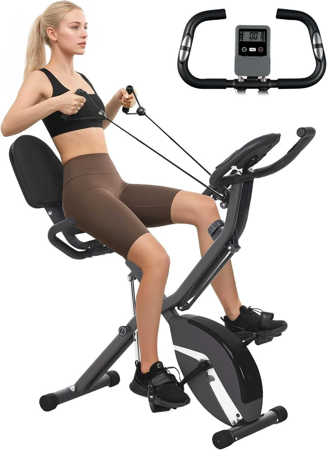 5-in-1 Folding Exercise Bike Upright/Recumbent 8-Level Magnetic LCD Bands