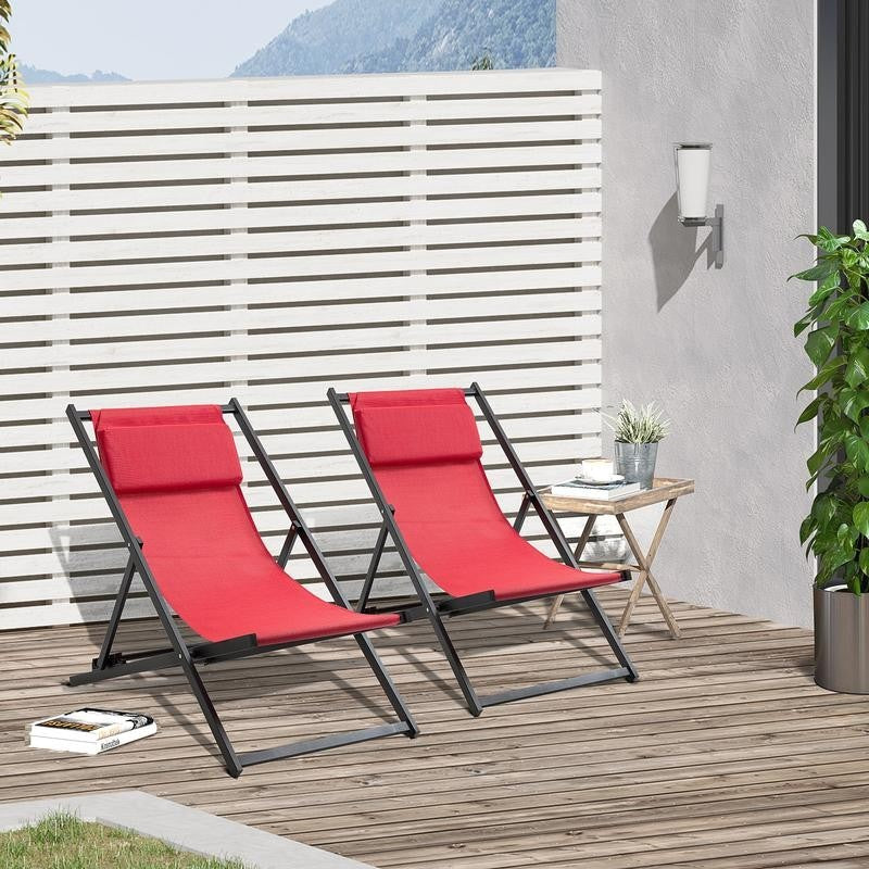 2x Folding Red Deck Chairs Reclining Aluminium Garden Patio Loungers