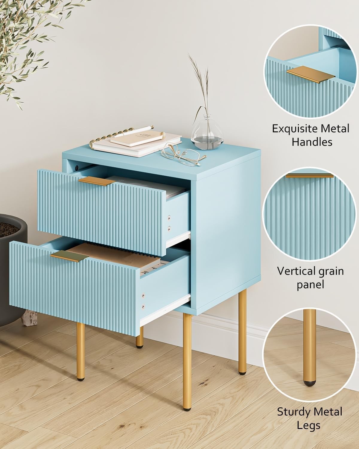 Blue Bedside Table with 2 Drawers & Gold Legs | Modern Nightstand