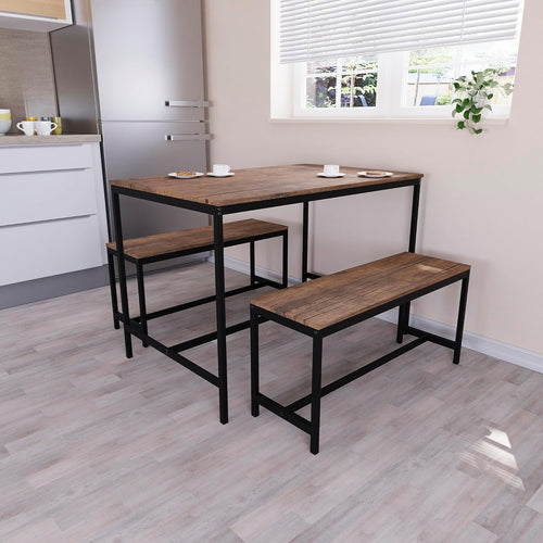 4 Seater Dining Table & Benches Set - Dark Wood Top, Metal Frame Compact
