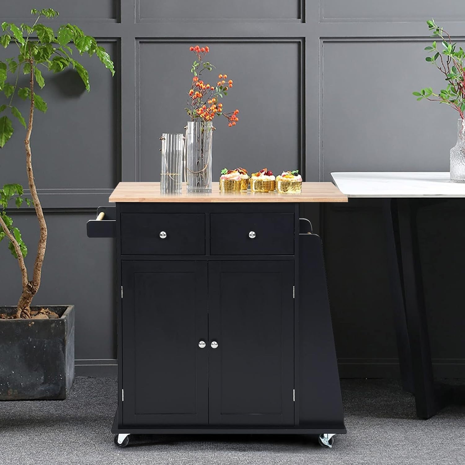 Kitchen Island Trolley with 2 Drawers & Spice Rack Black 88x45x90cm