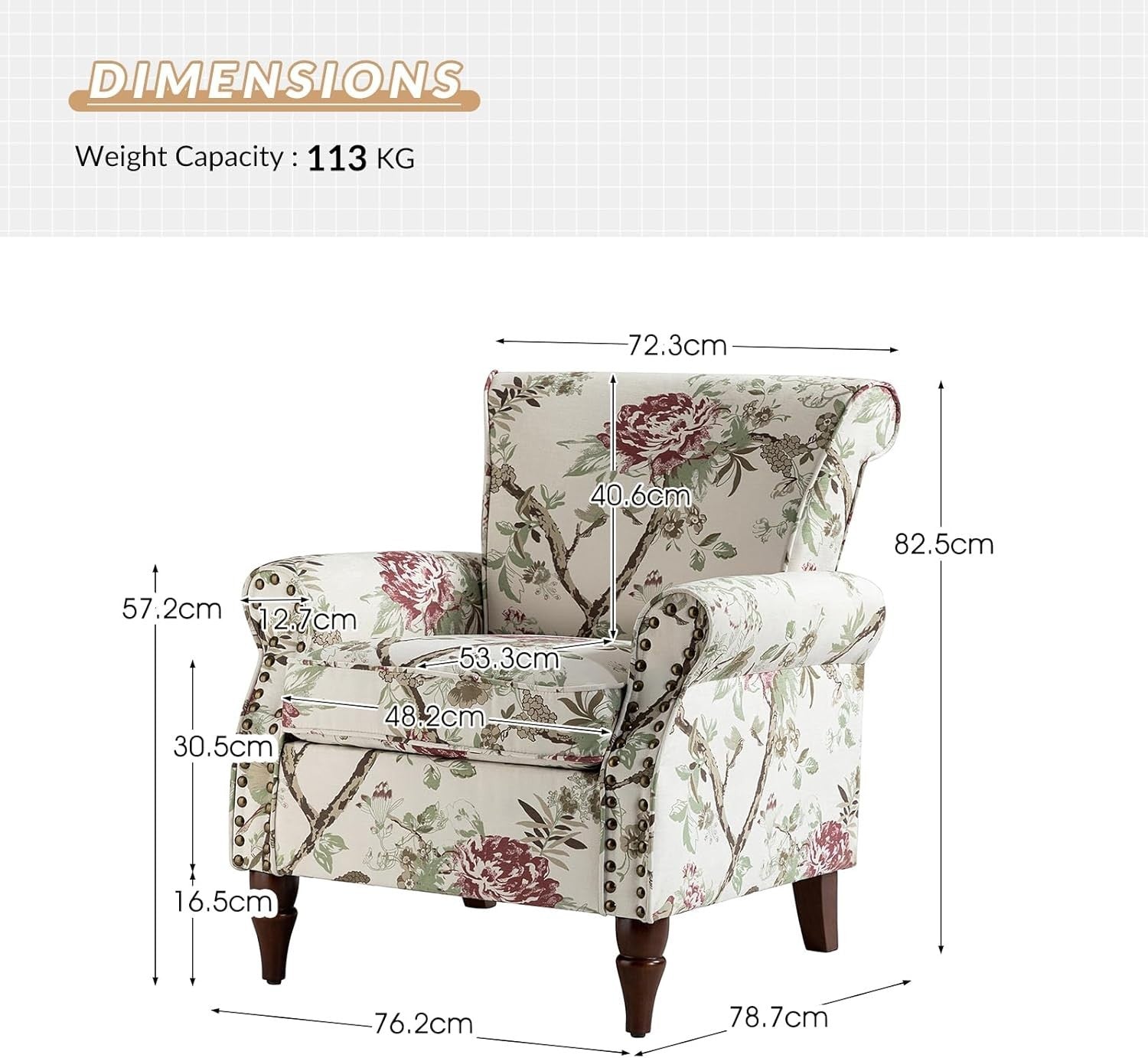 Floral Wingback Accent Chair Comfy Armchair Tufted Back Wood Legs