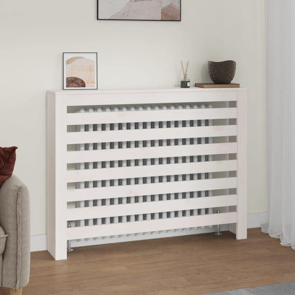 White Radiator Cover Solid Pine Wood Slatted Shelf 108.5x19x84cm