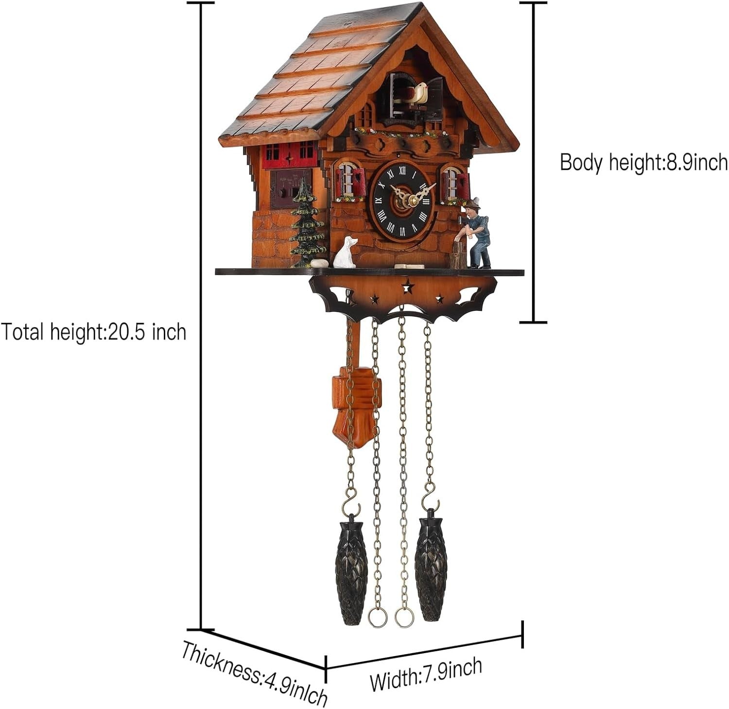 Traditional Wooden Cuckoo Clock Wall Decor, Night Sensor, 12 Melodies