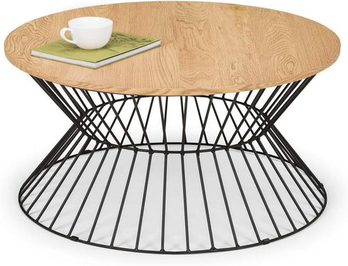 Round Oak Coffee Table with Black Wire Base – Modern Industrial Style 80x80x40