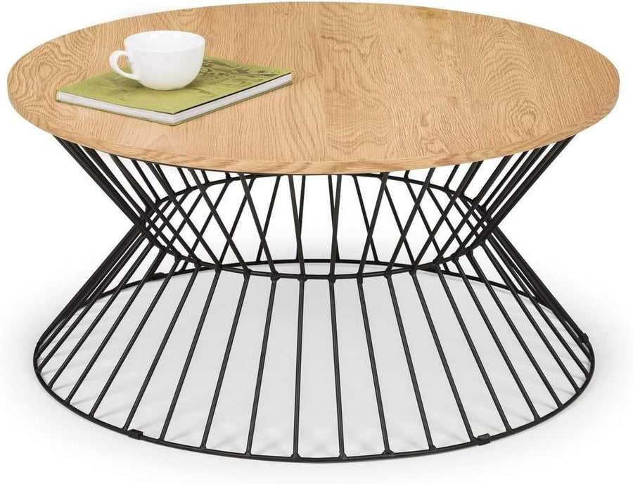 Round Oak Coffee Table with Black Wire Base – Modern Industrial Style 80x80x40