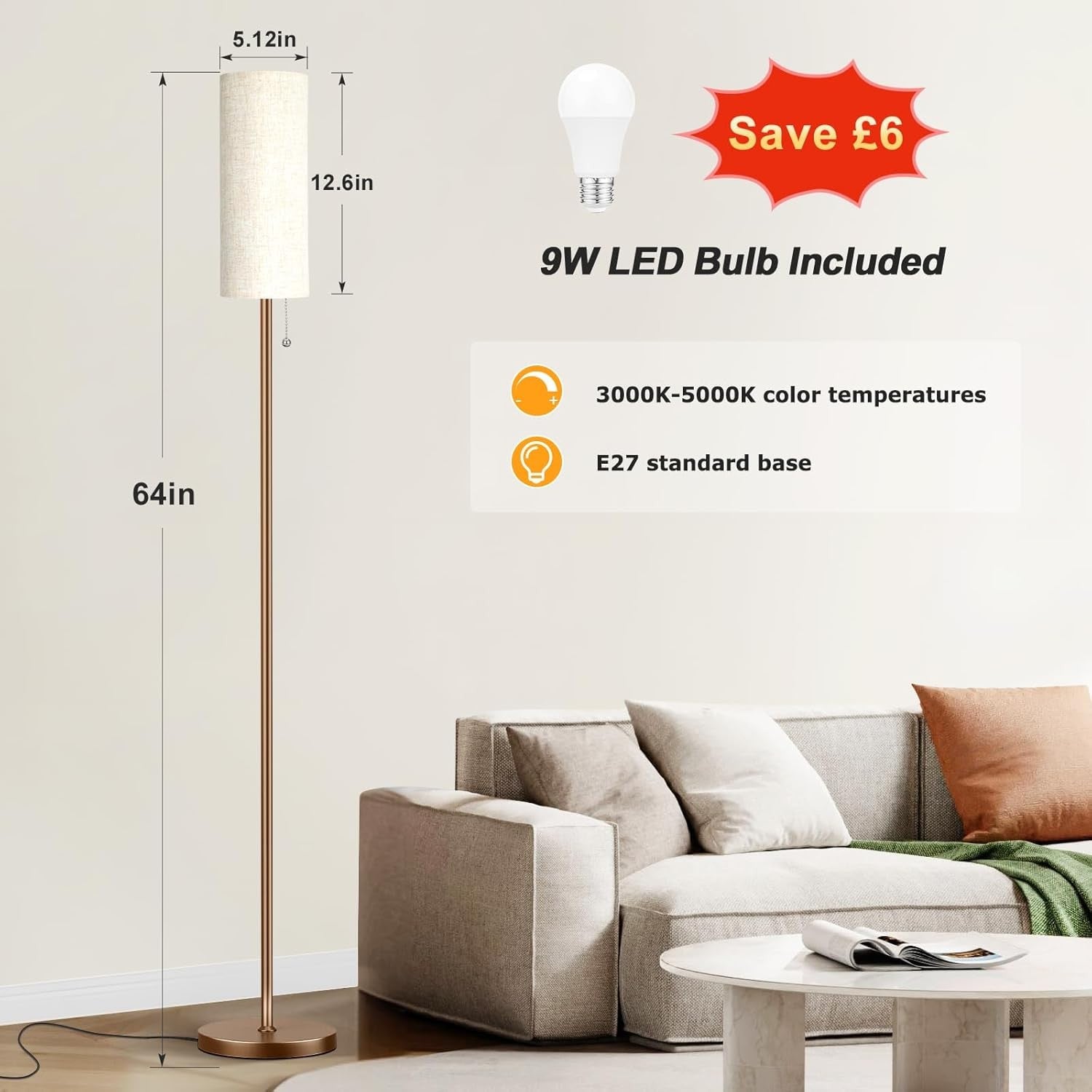 Beige Floor Lamp 64in Standing Lamp Bedroom Living Room E27 Bulb Included