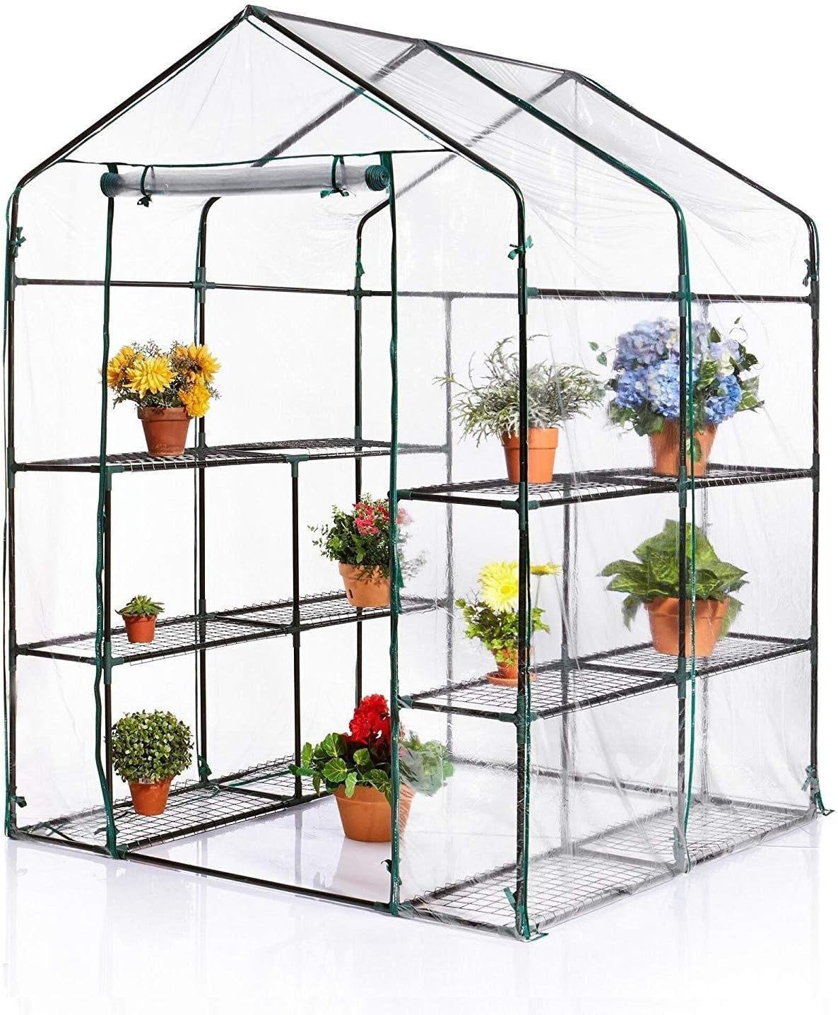 Walk-In Greenhouse with 8 Shelves PVC Cover Sturdy Steel Frame Outdoor Grow Tent