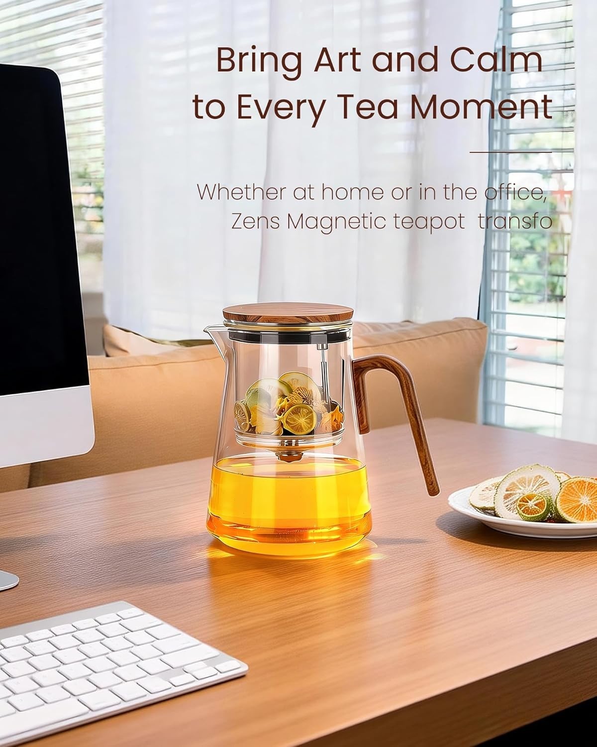 Magnetic Glass Teapot 1000ml Tea Pot w Infuser Walnut Handle Lid