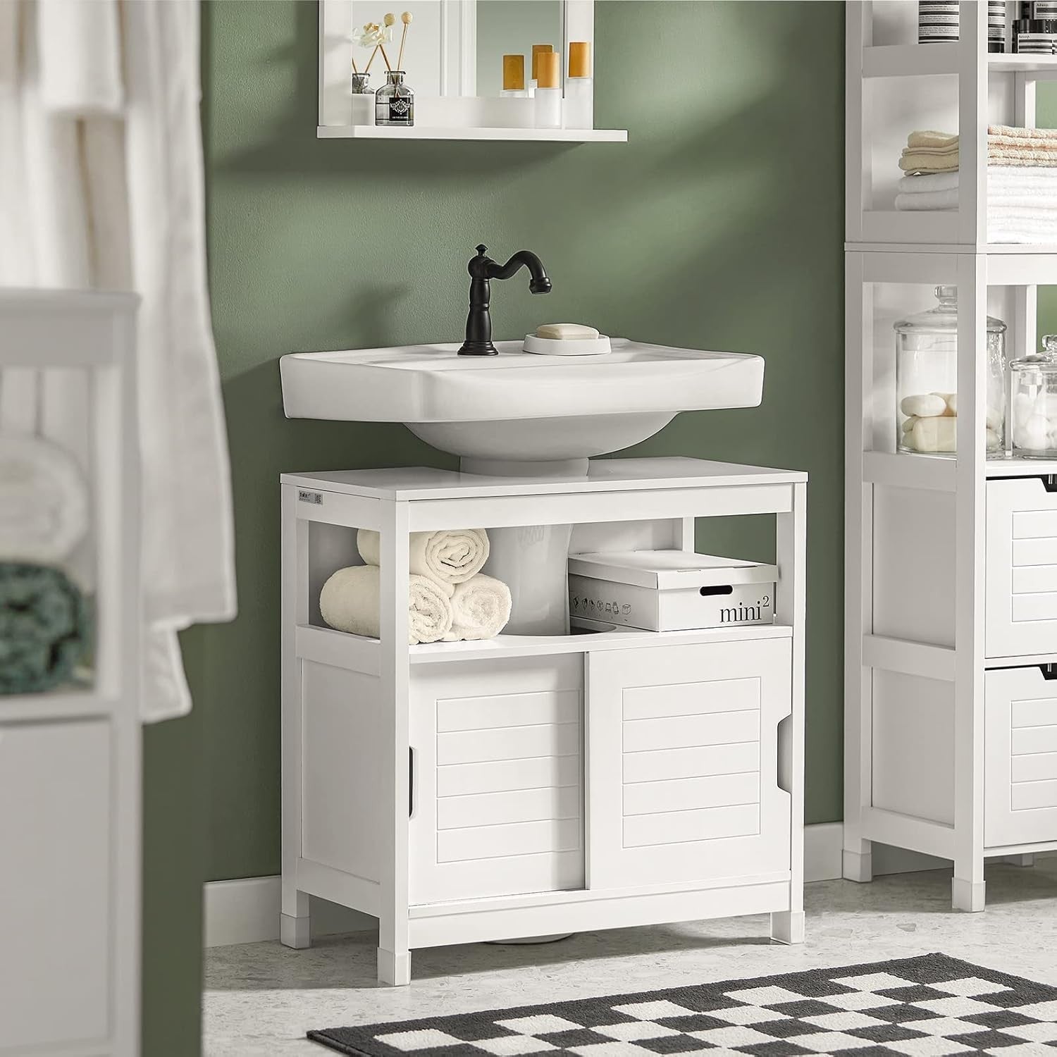White Under Sink Bathroom Cabinet with Sliding Doors Storage Cupboard