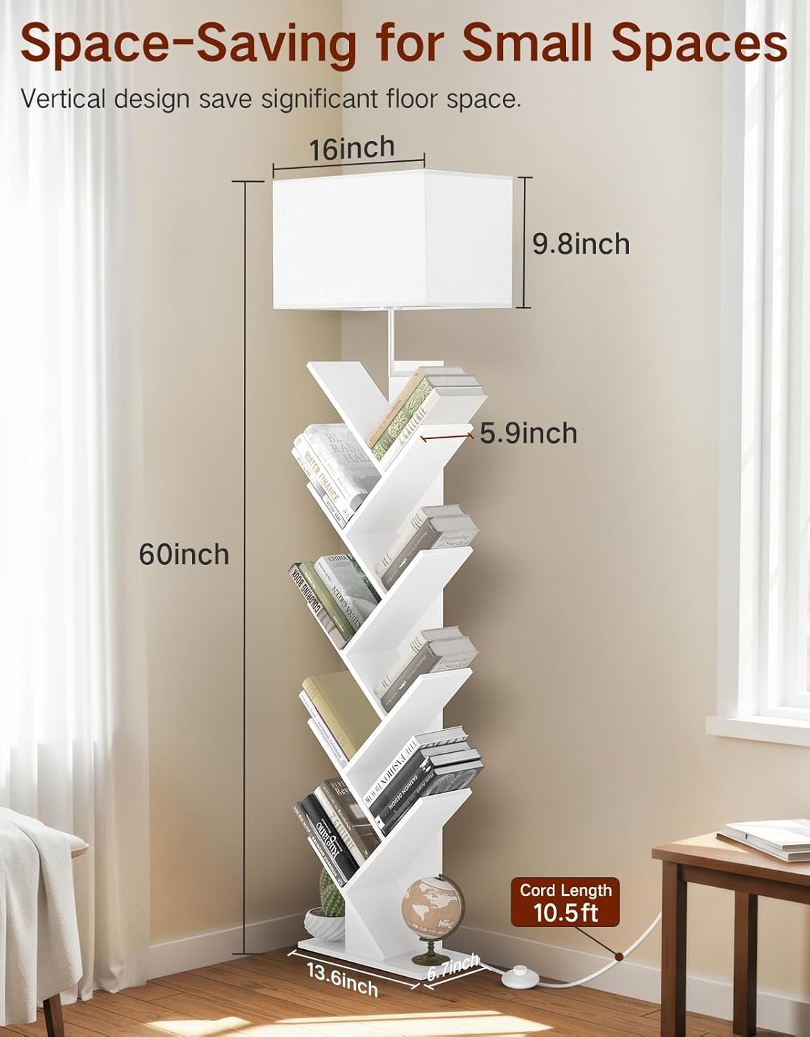 9 Tier Tree Bookshelf with LED Lamp Remote White Tall Narrow Shelf