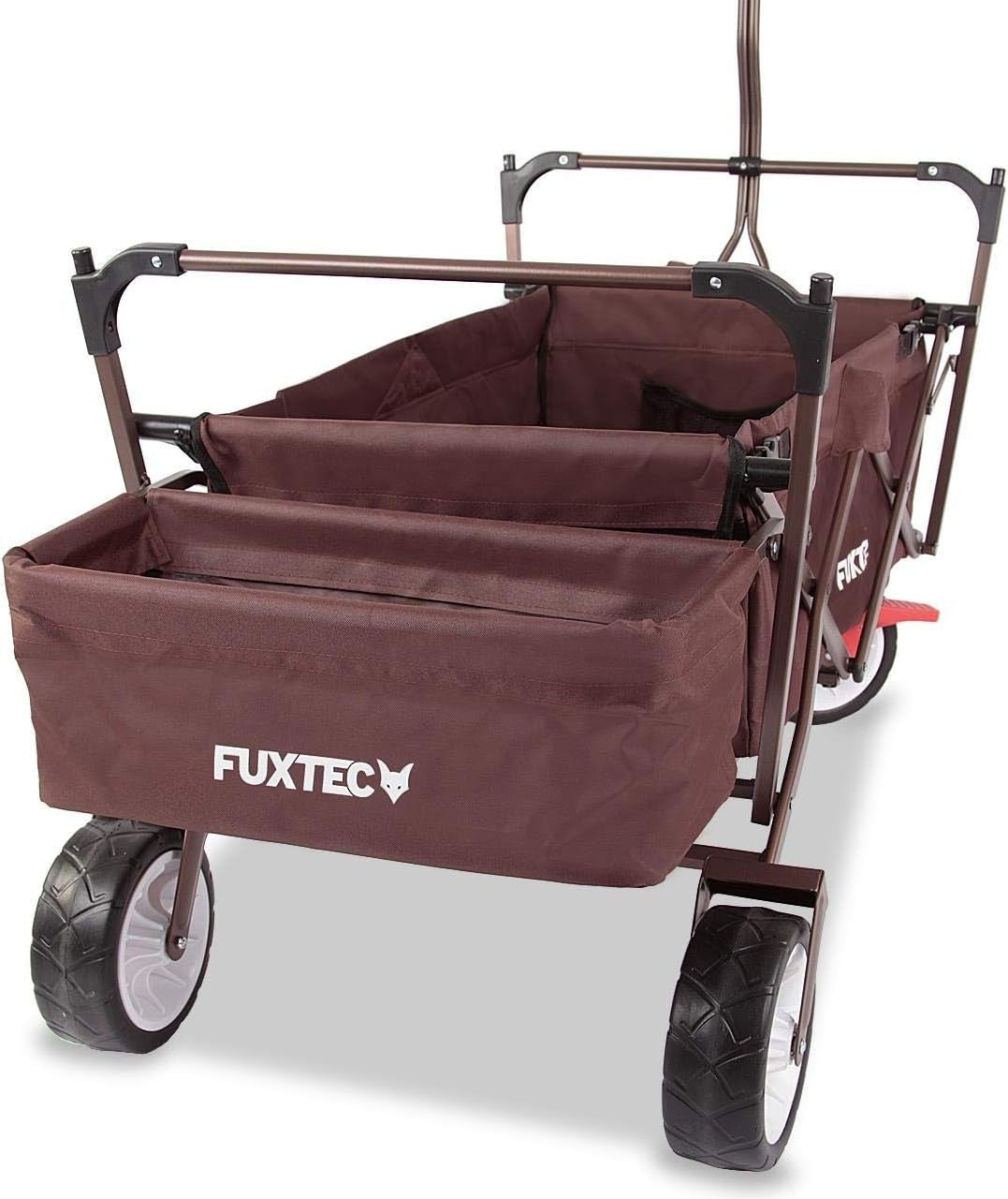 Brown Folding Wagon w/ Canopy Compact Pull Cart Garden Trolley w/ Rear Bag