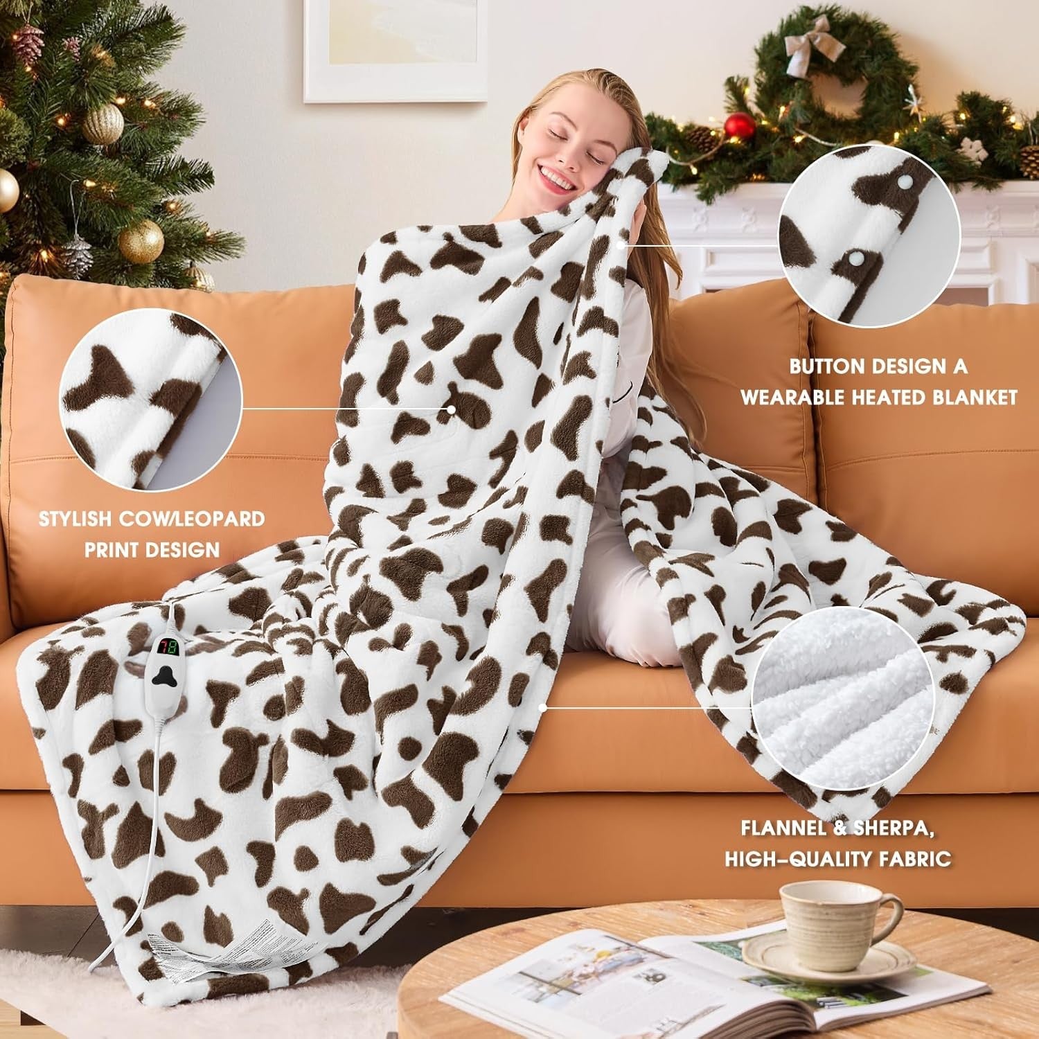 Electric Heated Throw Blanket Cow Print Sherpa 10 Heat Auto Off Washable
