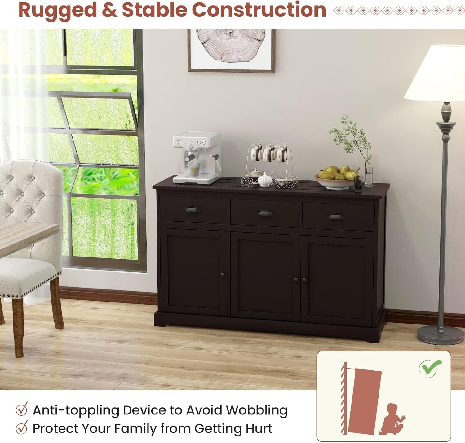 Dark Brown Sideboard Storage Cabinet with Drawers & Adjustable Shelf