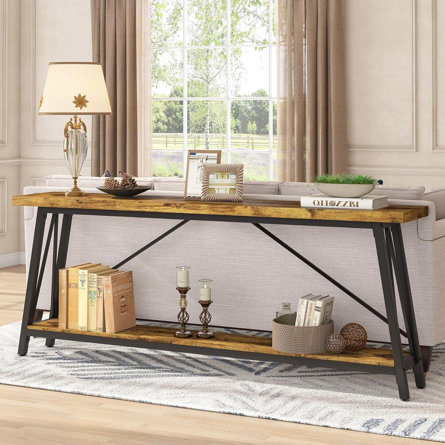 Extra Long Industrial Console Table – Sofa Back Entryway Shelf Storage