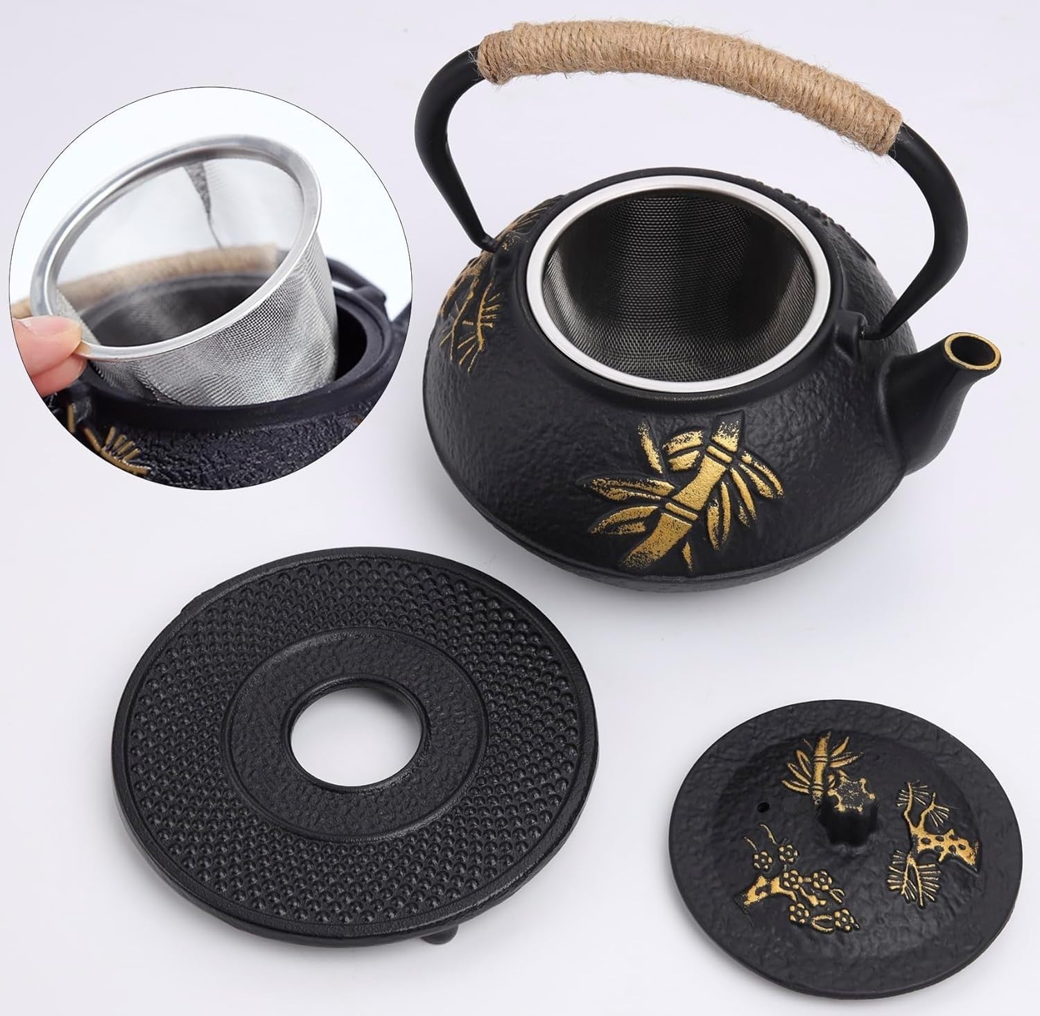 Cast Iron Teapot 0.9L Japanese Tea Kettle Infuser Strainer Black