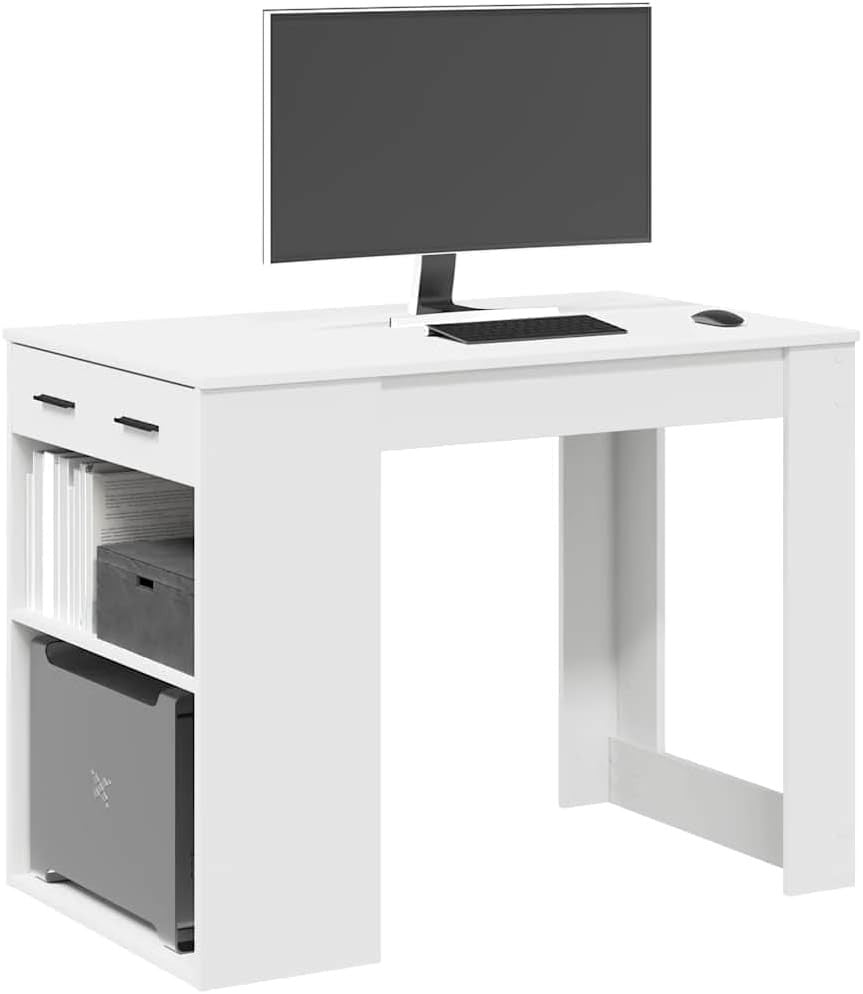 White Desk 102x62cm with Drawer & Shelf Modern Computer Study Table Office