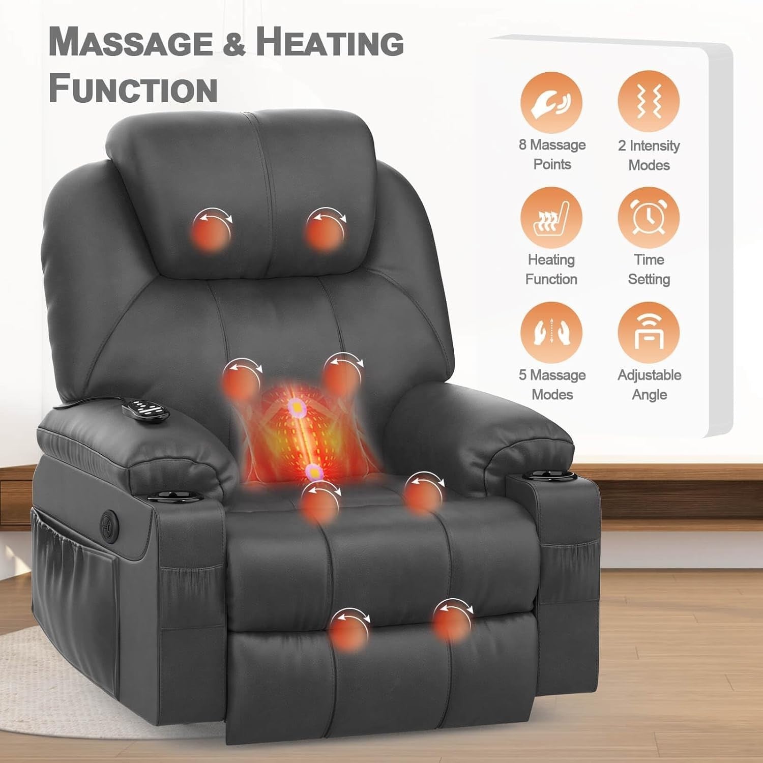 Power Lift Recliner Chair Massage Heat USB Type-C Cup Holders Faux Leather Grey
