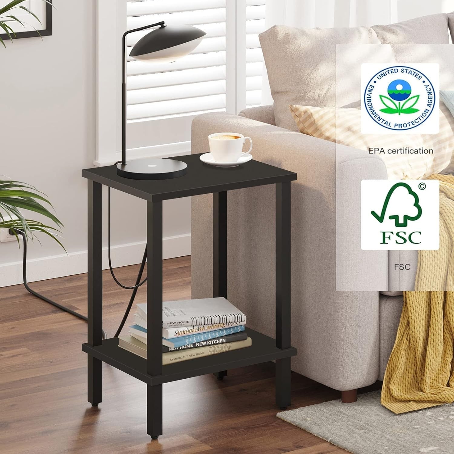 Black 2-Tier Side Table 40x30x55 cm | Bedside & End Table for Small Spaces