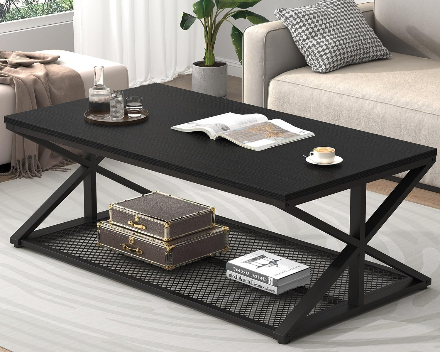 Modern Black Coffee Table with Storage Shelf – Industrial Metal Frame 120cm