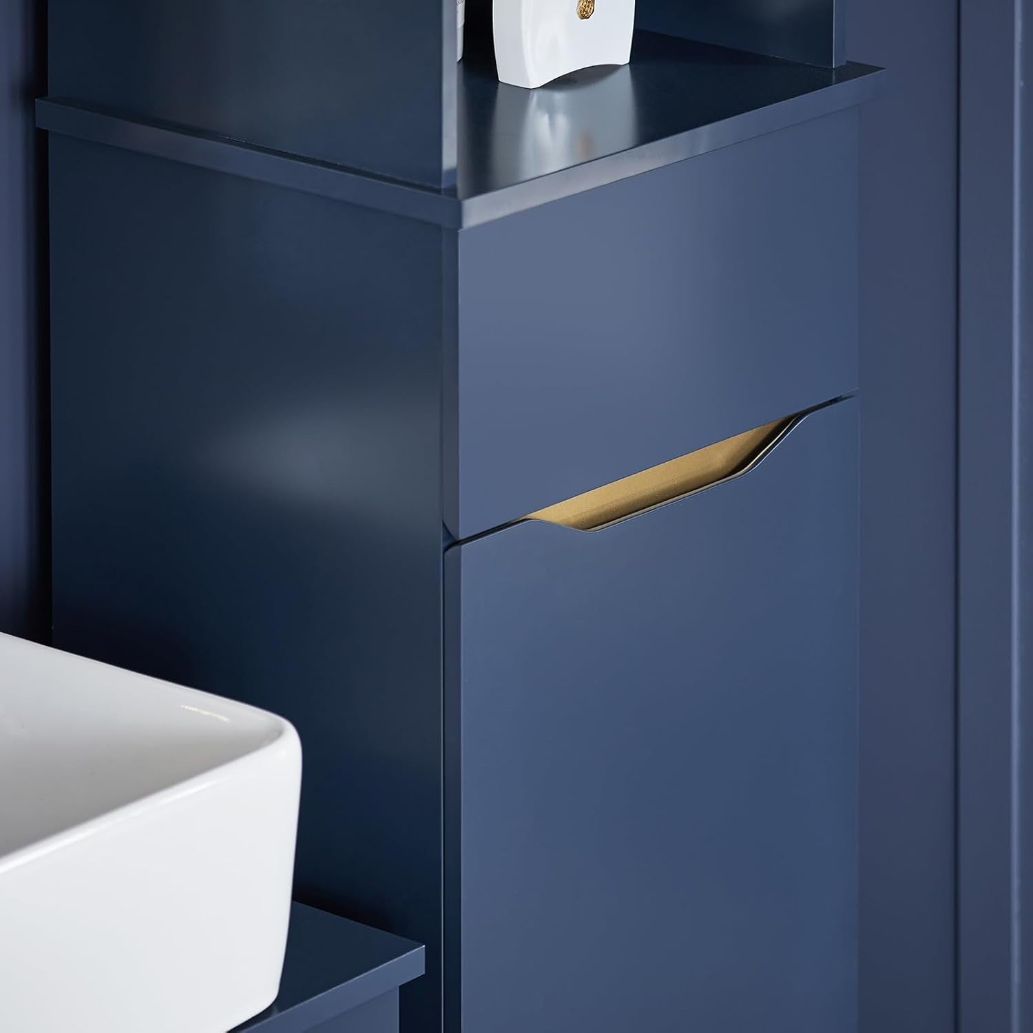 Slim Tall Bathroom Storage Cabinet with Drawer & 3 Shelves, Blue 35x30x170 cm