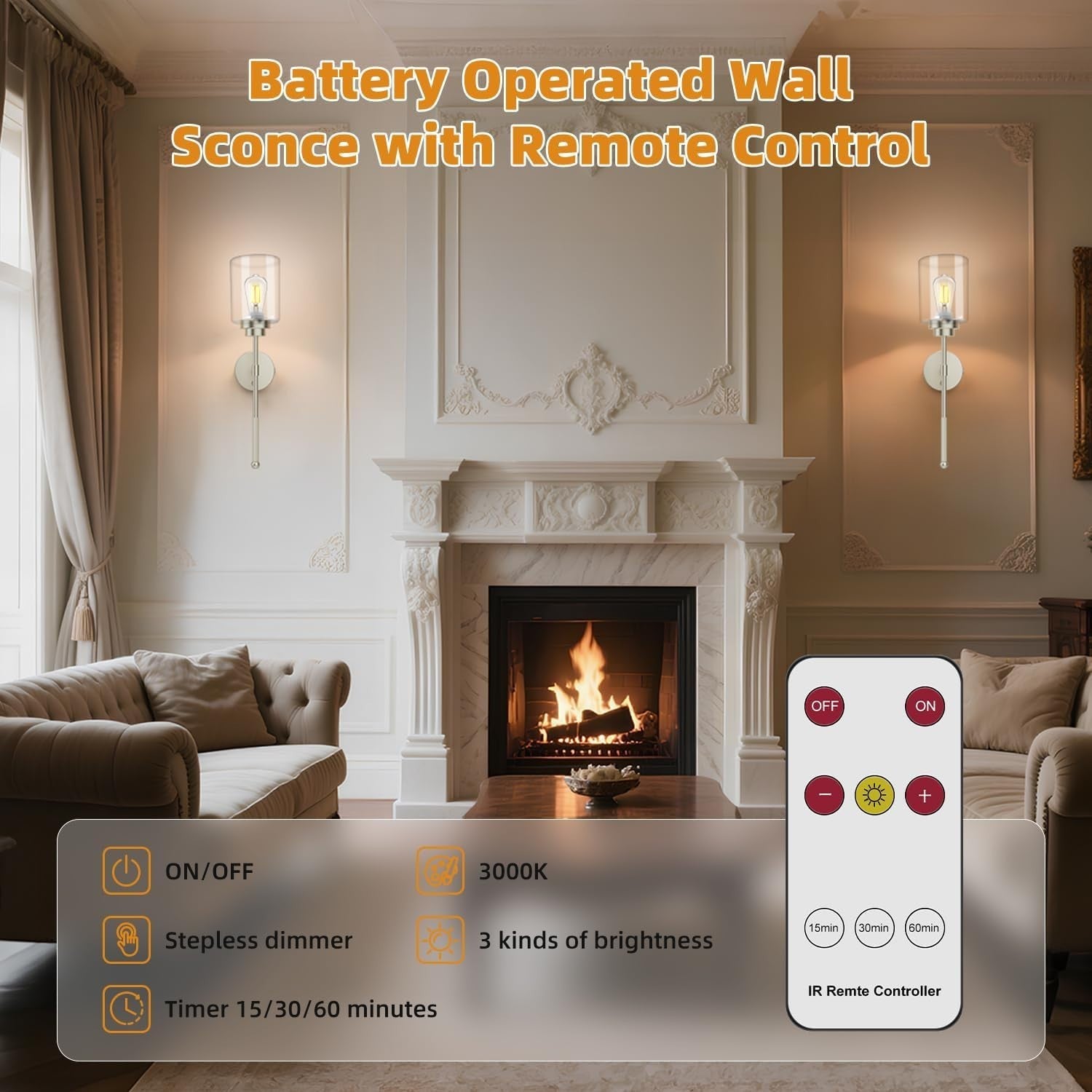 Wireless Battery Operated Wall Sconce Set of 2 with Remote, Dimmable