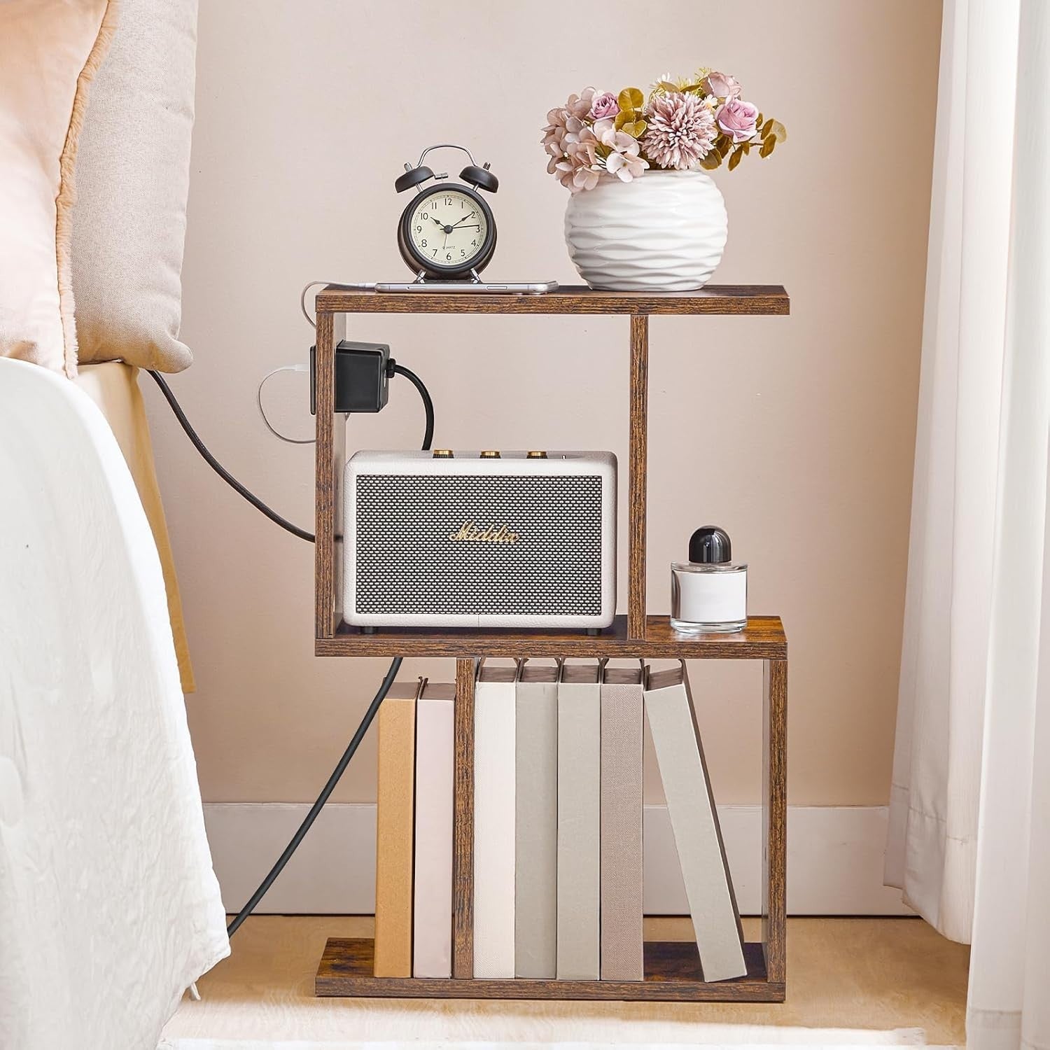 Slim S-Shaped Side Table w/ USB & AC Outlet | Narrow Bedside & End Table