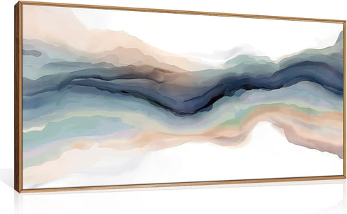 Blue Abstract Line Framed Canvas Wall Art Modern Watercolor Wave 20x40