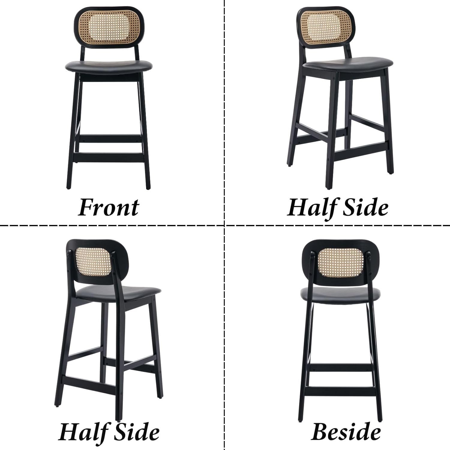 Rattan Bar Stools Set of 2 Counter Height Black Wooden Kitchen Island Chairs