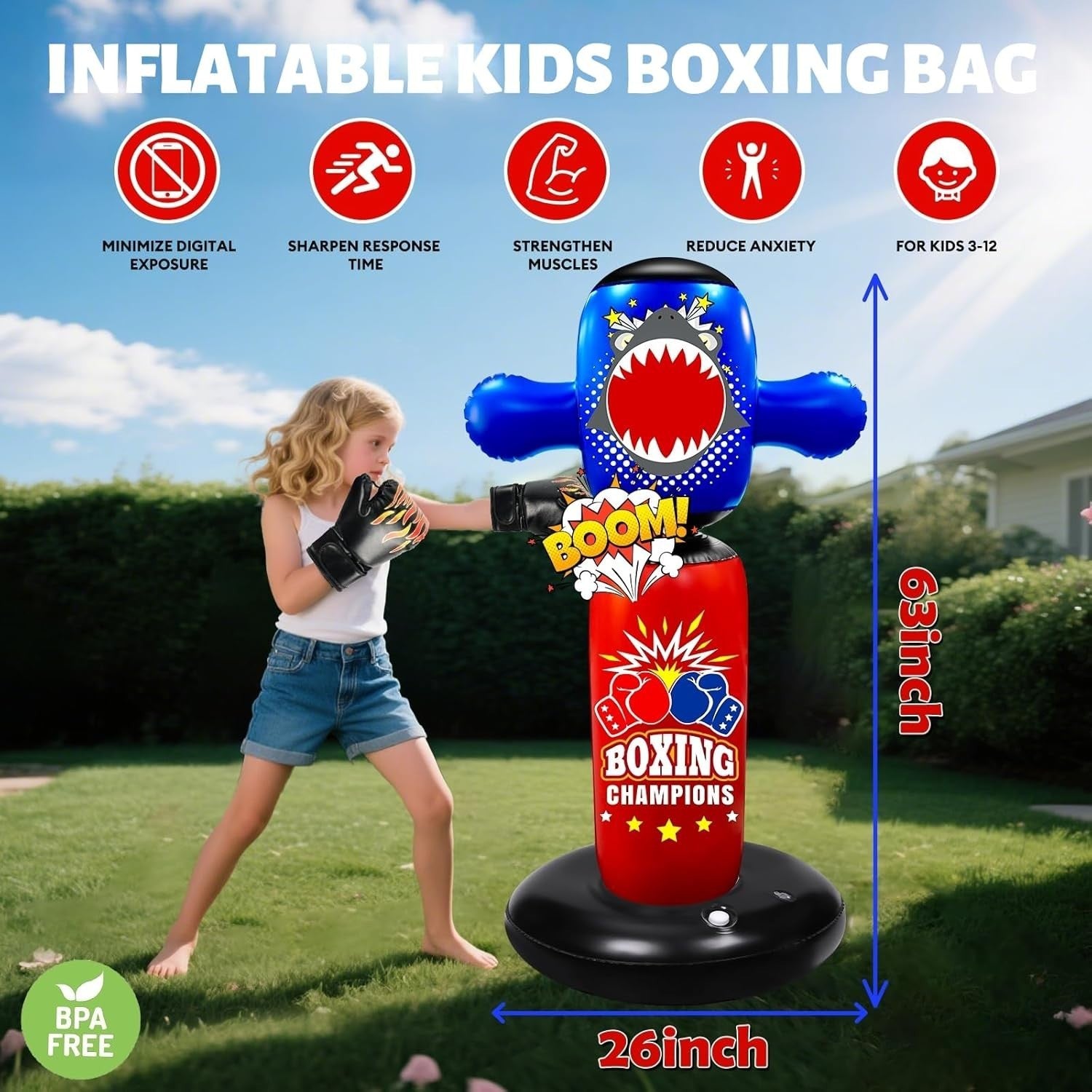 Inflatable Kids Punching Bag 63inch Freestanding Boxing Toy Gloves