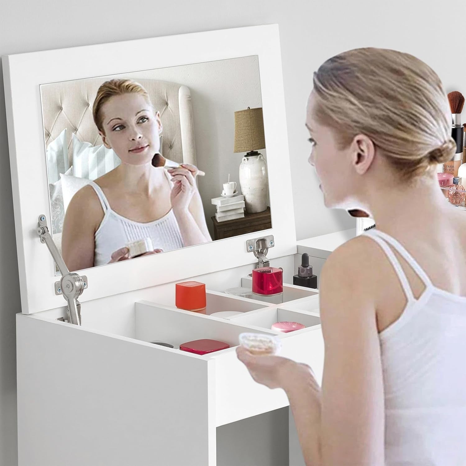 White Dressing Table Vanity Set Flip Up Mirror Desk 1 Drawer Storage Stool