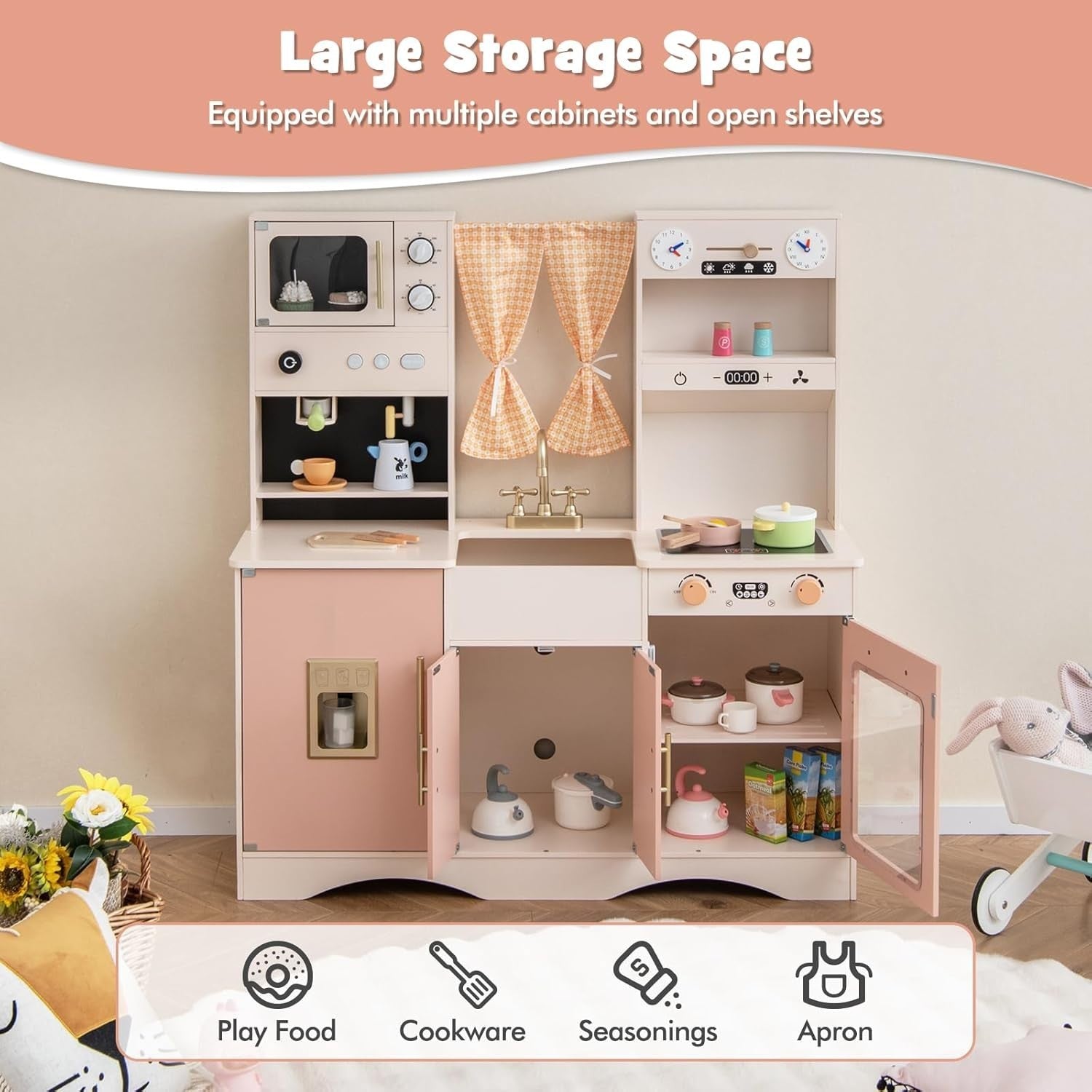 Retro Pink Wooden Play Kitchen Ice Maker Coffee Station Toy Set