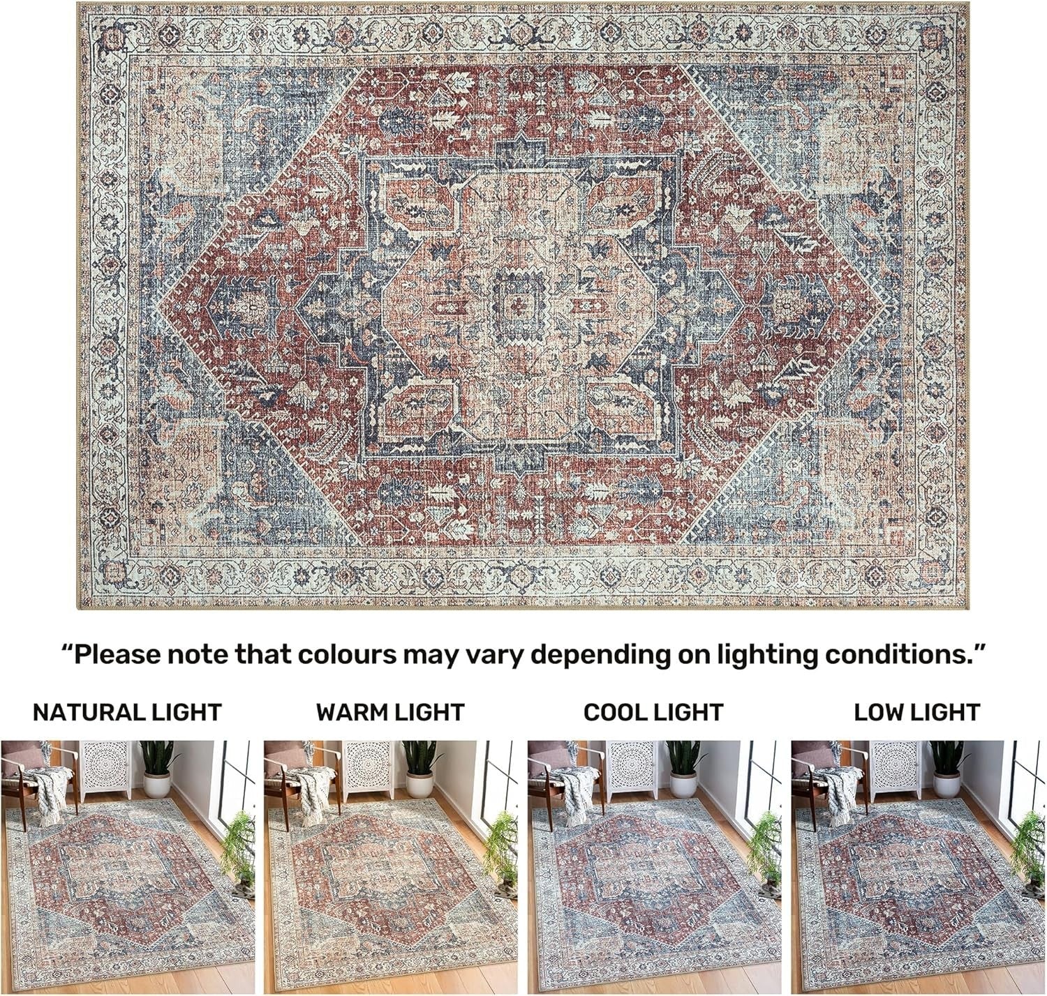 Washable Runner Rug 60x240cm Non-Slip Vintage Crimson Red Navy Hallway Kitchen