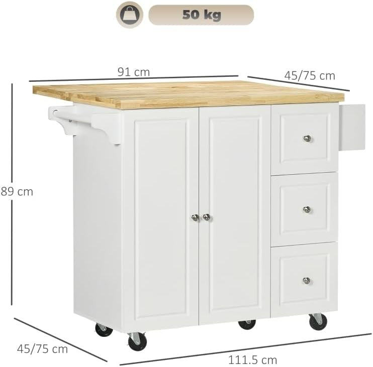 Kitchen Island Trolley on Wheels Expandable Top Drawer Cabinet White