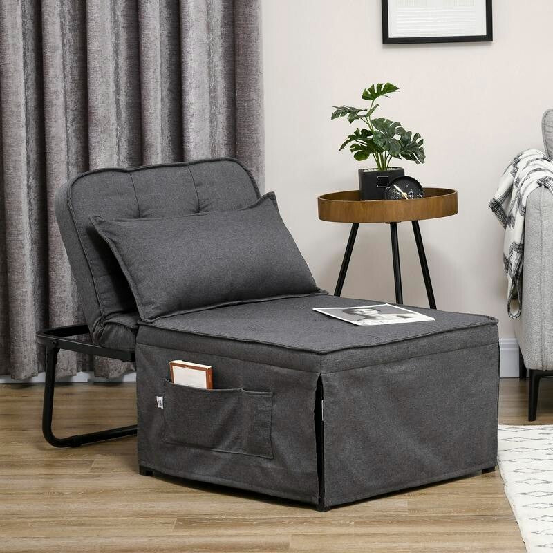4 in 1 Folding Chair Bed Armchair Sleeper Ottoman Recliner w/ Pillow Grey