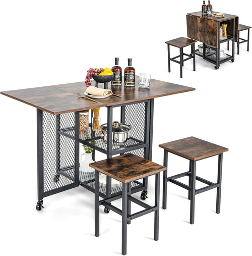 Drop Leaf Folding Dining Table Set with Stools Storage Shelves Space Saving