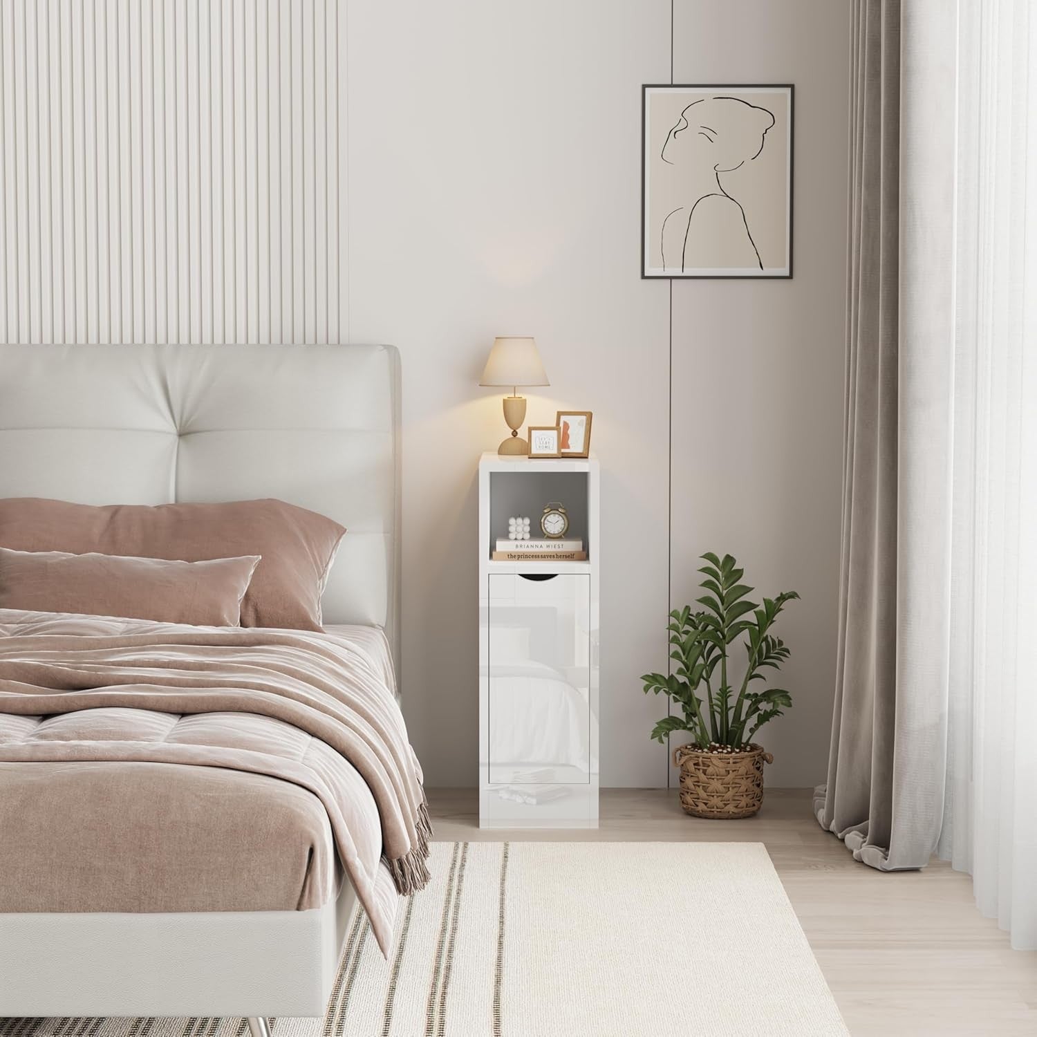 Slim White Bedside Table with Drawers, Narrow Storage Cabinet for Small Spaces