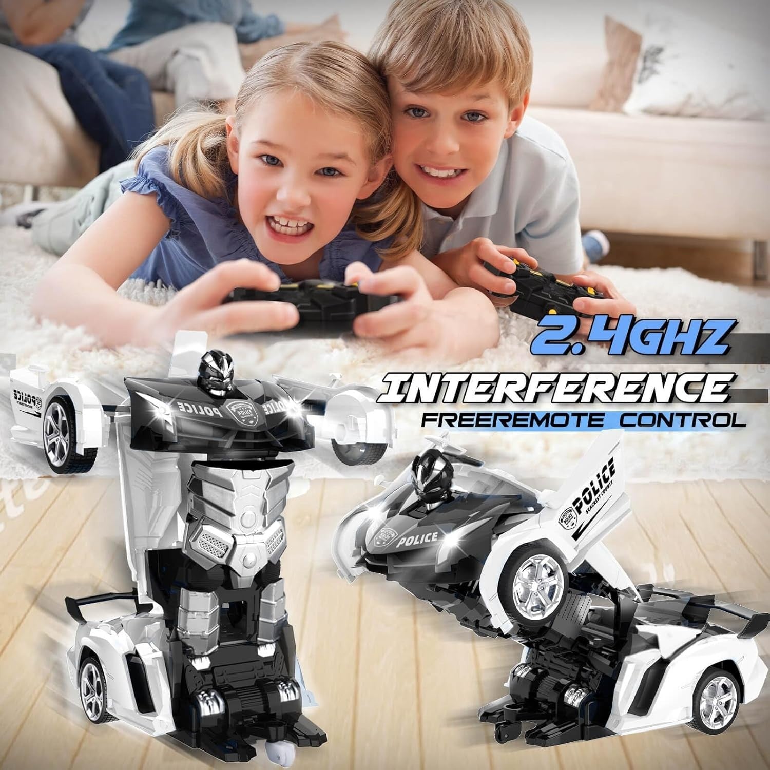2-in-1 RC Police Car Robot Transforming 360° Spin Toy for Boys Age 3–8
