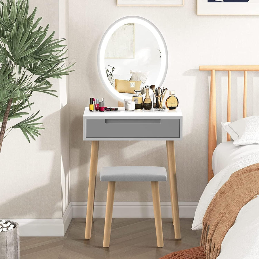 White Dressing Table LED Mirror Stool Set Vanity Desk Bedroom Makeup Storage