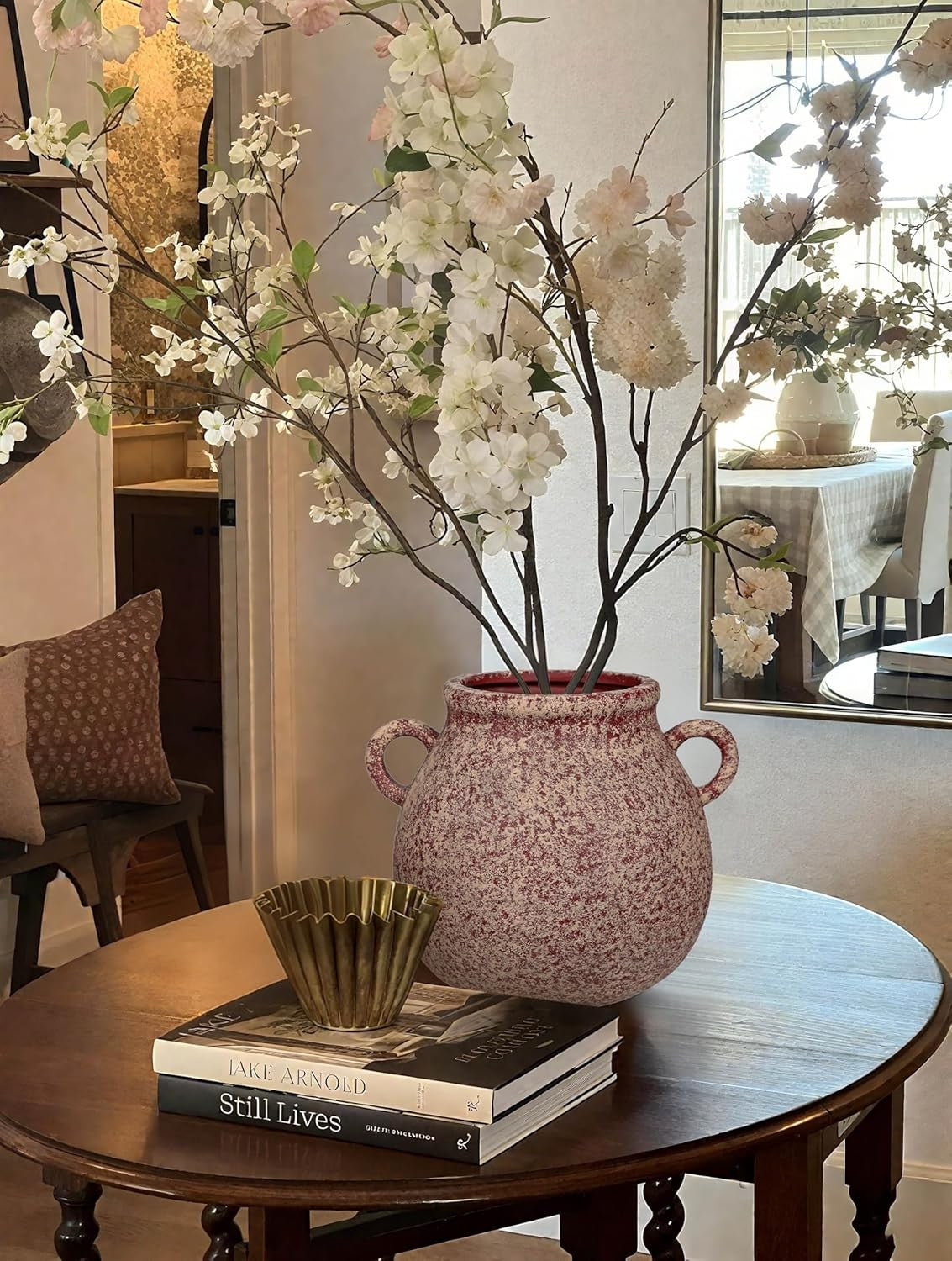 Rustic Ceramic Vase with Handles Farmhouse Urn Table Centrepiece Decor
