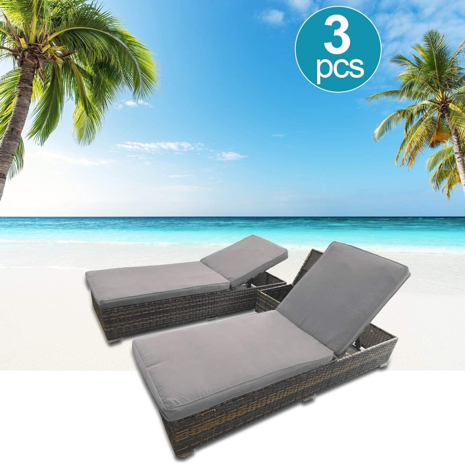 3-Piece Rattan Sun Lounger Set with Cushions & Storage Table, Adjustable Back