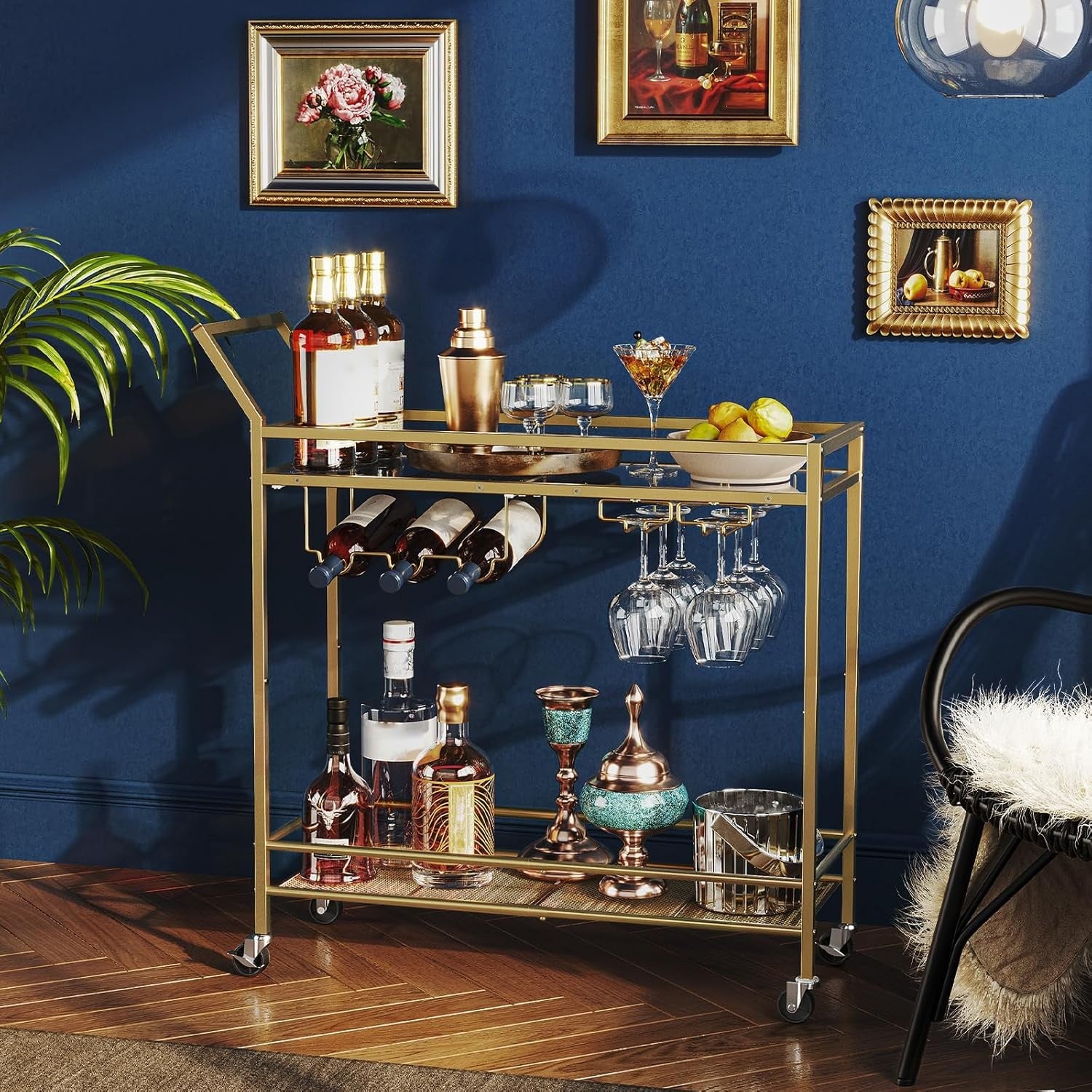Gold Bar Cart Drinks Trolley on Wheels Glass Shelves Wine Rack Holder