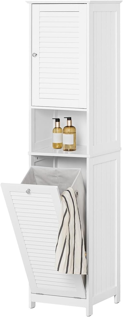 Tall Bathroom Storage Cabinet with Laundry Basket Slim Freestanding White Unit