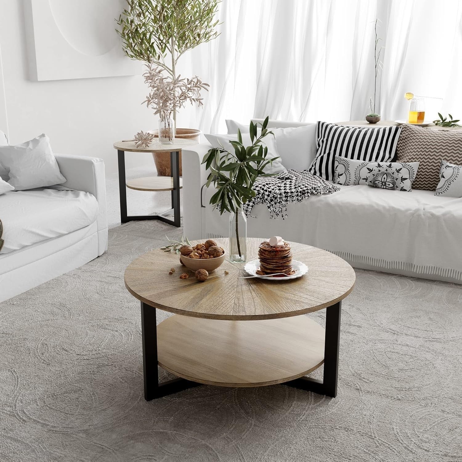 Round 2-Tier Coffee Table with Storage, Solid Wood & Metal 85x45.3cm