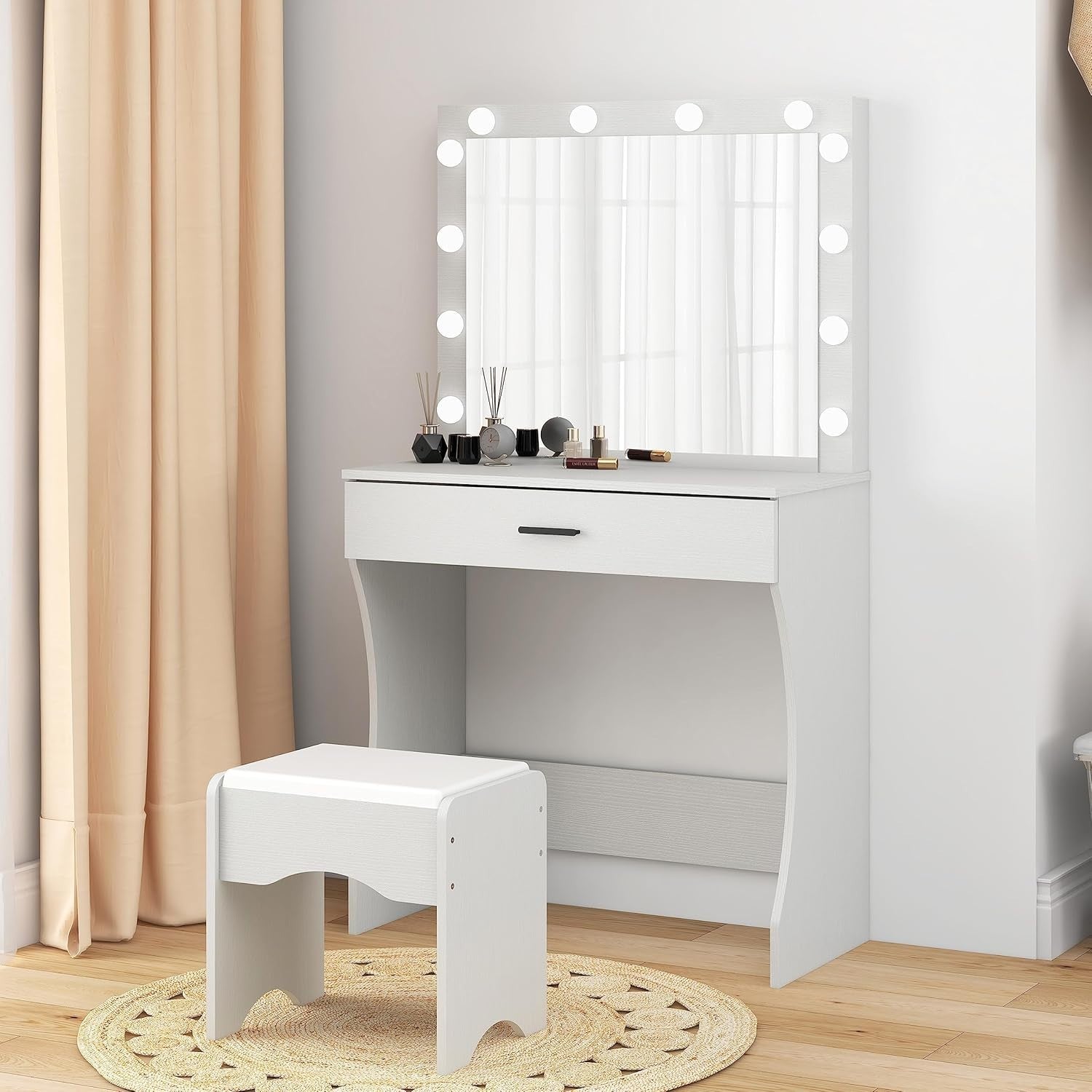 Vanity Table Set Hollywood Mirror Lights Stool Drawer Makeup Desk (77 characters