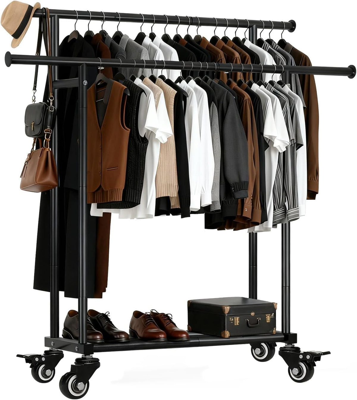 Heavy Duty Double Rail Clothes Rack with Wheels & Shelf – Black