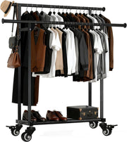 Heavy Duty Double Rail Clothes Rack with Wheels & Shelf – Black